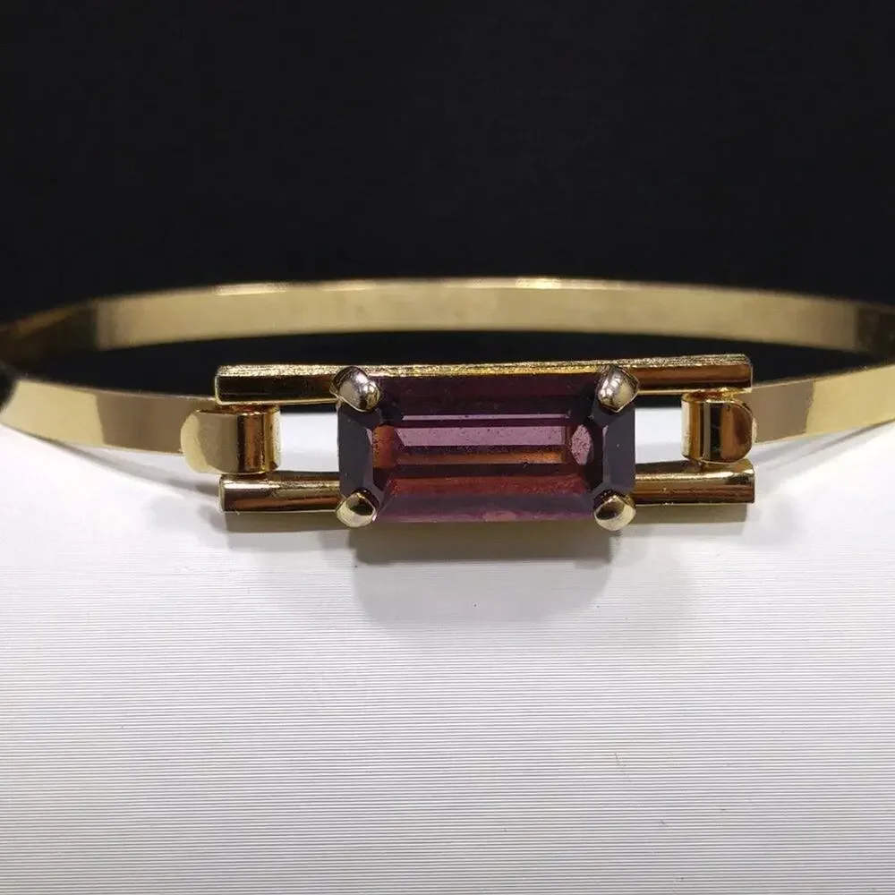 Vintage Avon Purple Faceted Glass Stone Gold Tone Hinged Bangle Bracelet 7" - Picture 8 of 9